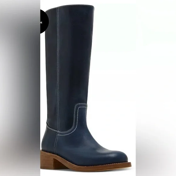 Steve Madden Riggs Navy Leather Knee Boots,  Contrasting White Stitch NIB Sz 6 - Picture 2 of 10